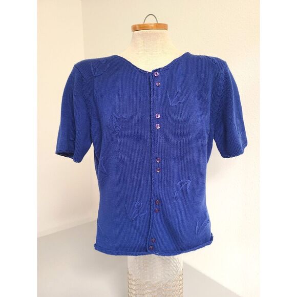 Vtg Pendleton Embroidered Blue Button Short Sleeve Granny Cardigan MEDIUM Bright - Picture 2 of 8